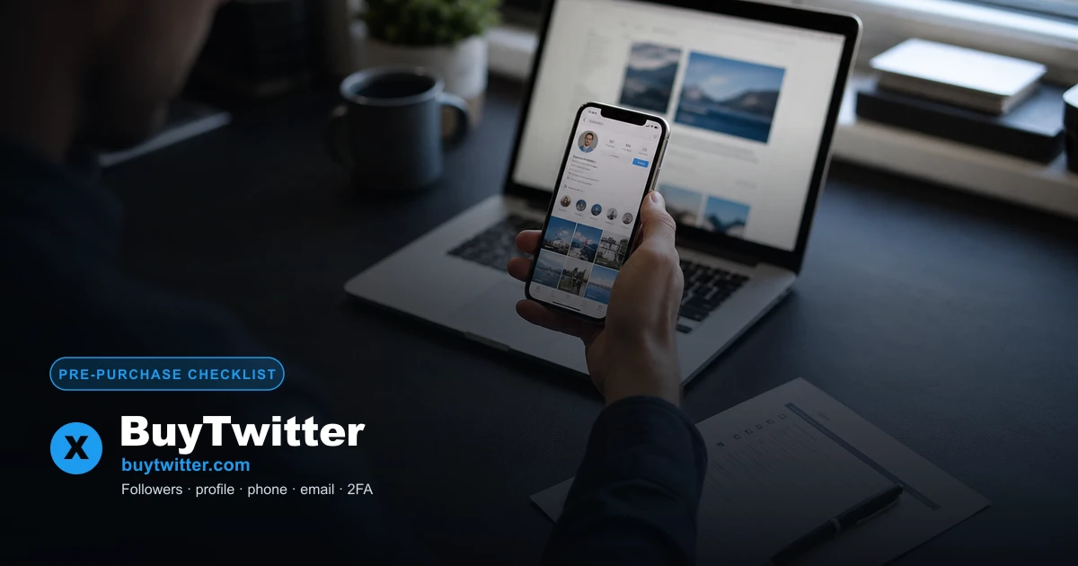 Twitter/X product card checklist showing followers, profile fill, phone verification, email type, and 2FA