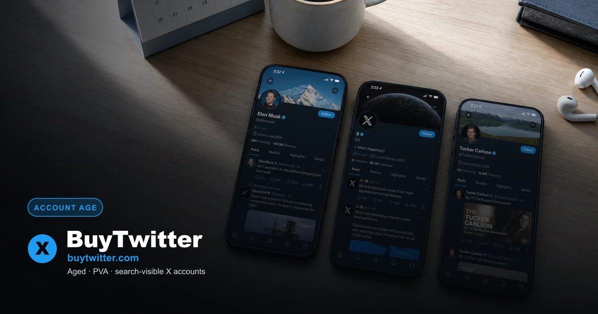 Twitter/X registration-year timeline from 2009 to 2025 with auth token and 2FA badges — aged account age guide