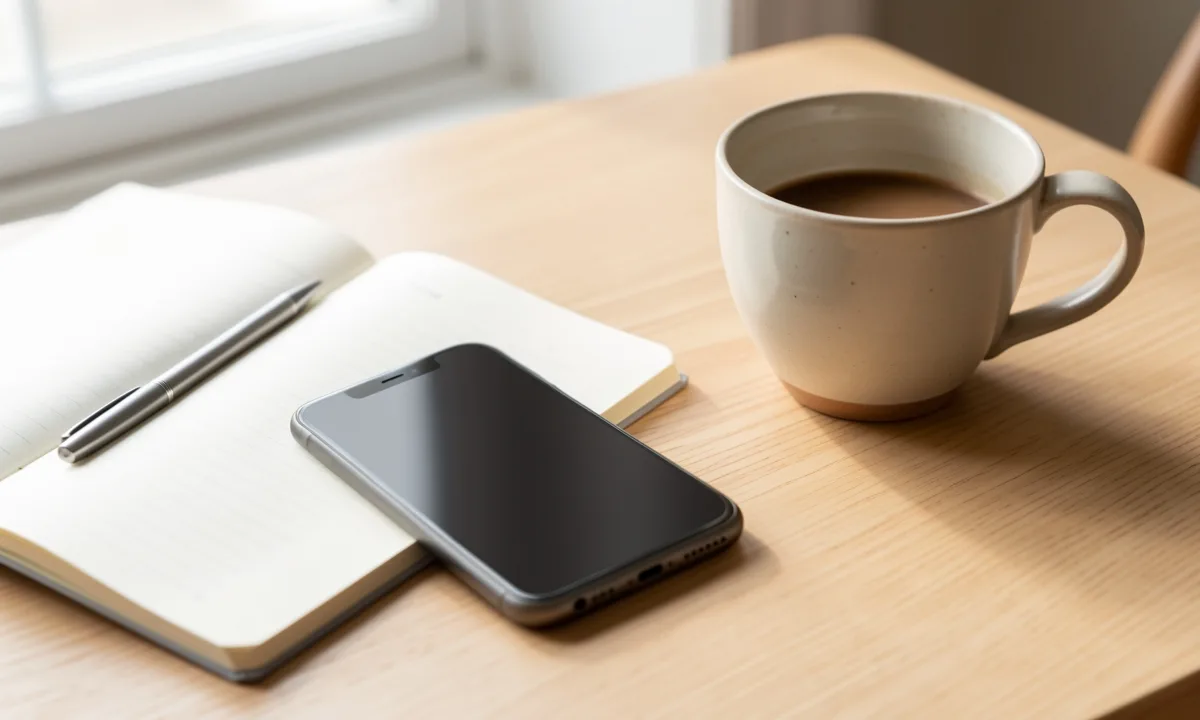 A phone with a dark screen on a desk next to a notebook and a cup of coffee
