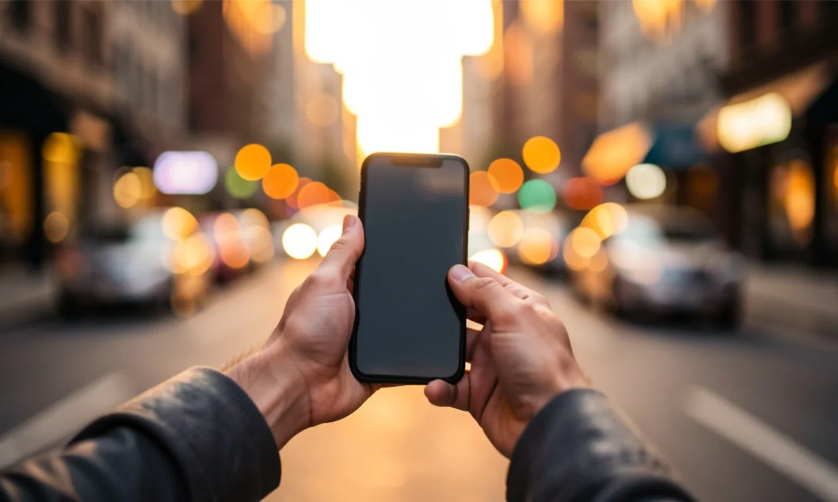 Two hands holding a phone with a dark screen on a city street at dusk