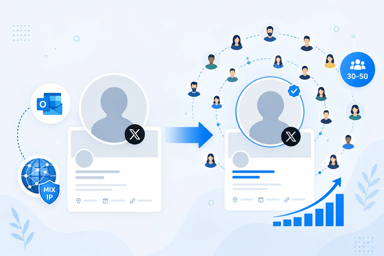Empty X profile with Outlook email transforming into an account with orbiting follower avatars