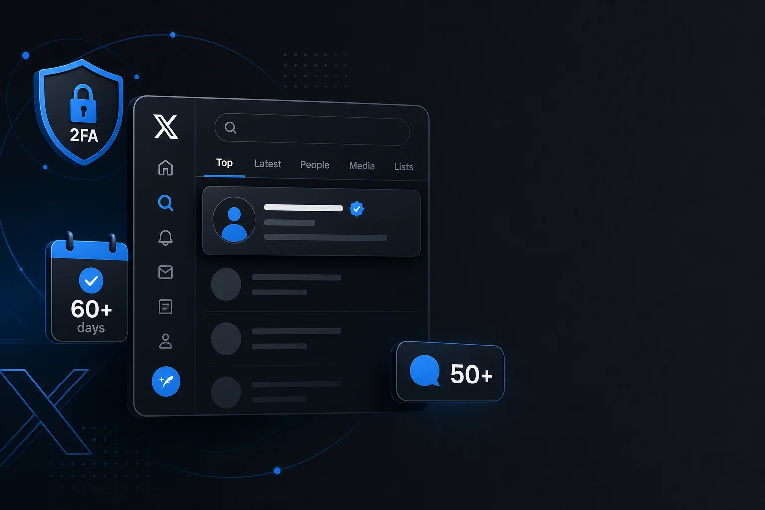 X search results mockup showing a profile in the Top tab with 2FA shield and 60-day age badge